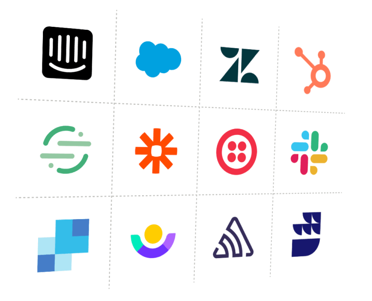 A grid of several logos for apps that are available in PostHog. Includes services such as Salesforce, Intercom, Rudderstack, Segment, Hubspot, and Slack